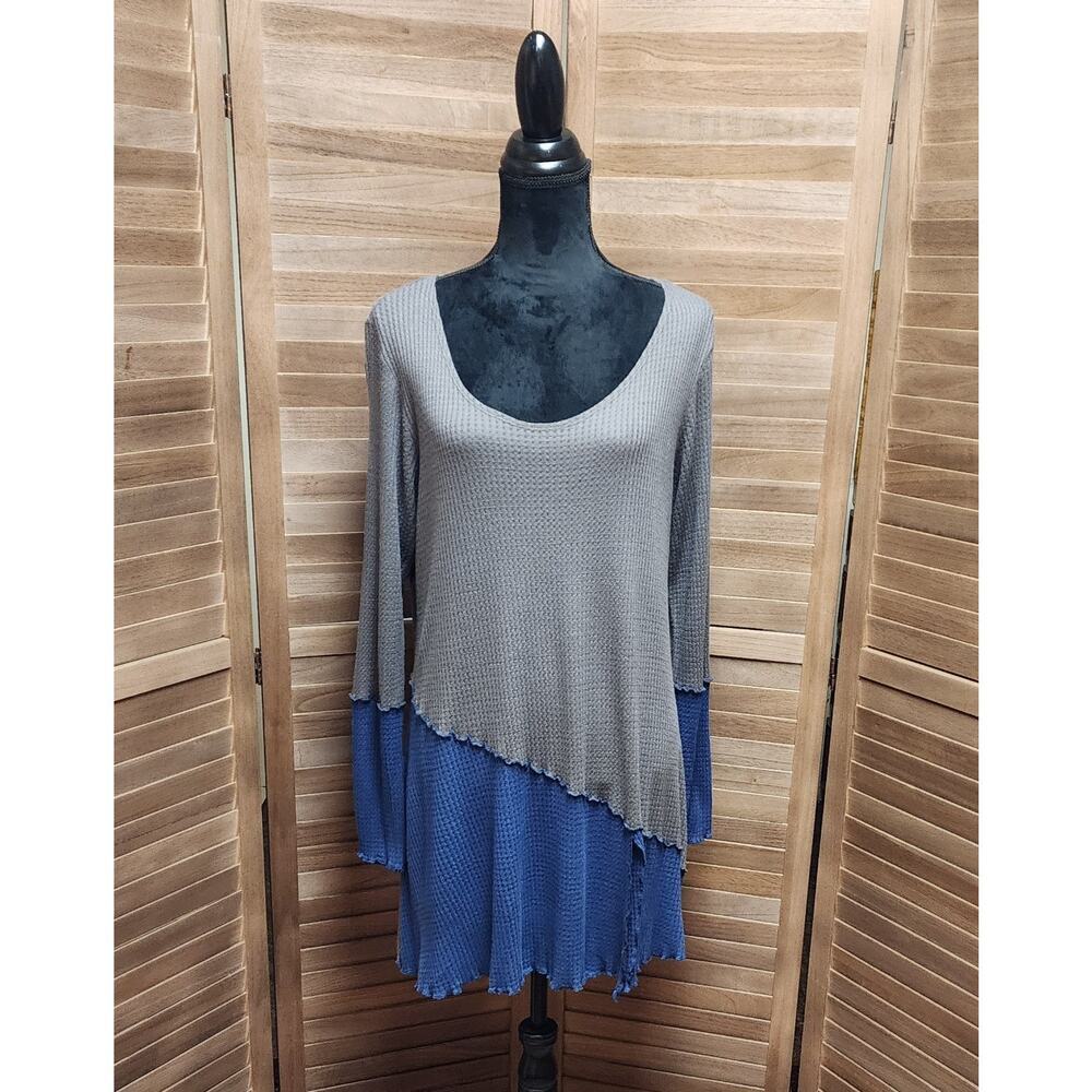 Vine Street Women's XL Long Sleeve Gray Waffle Knit Asymmetrical Hem Tunic Boho